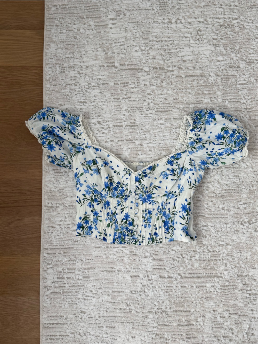 Mango White Top with Blue Floral Puff Sleeves